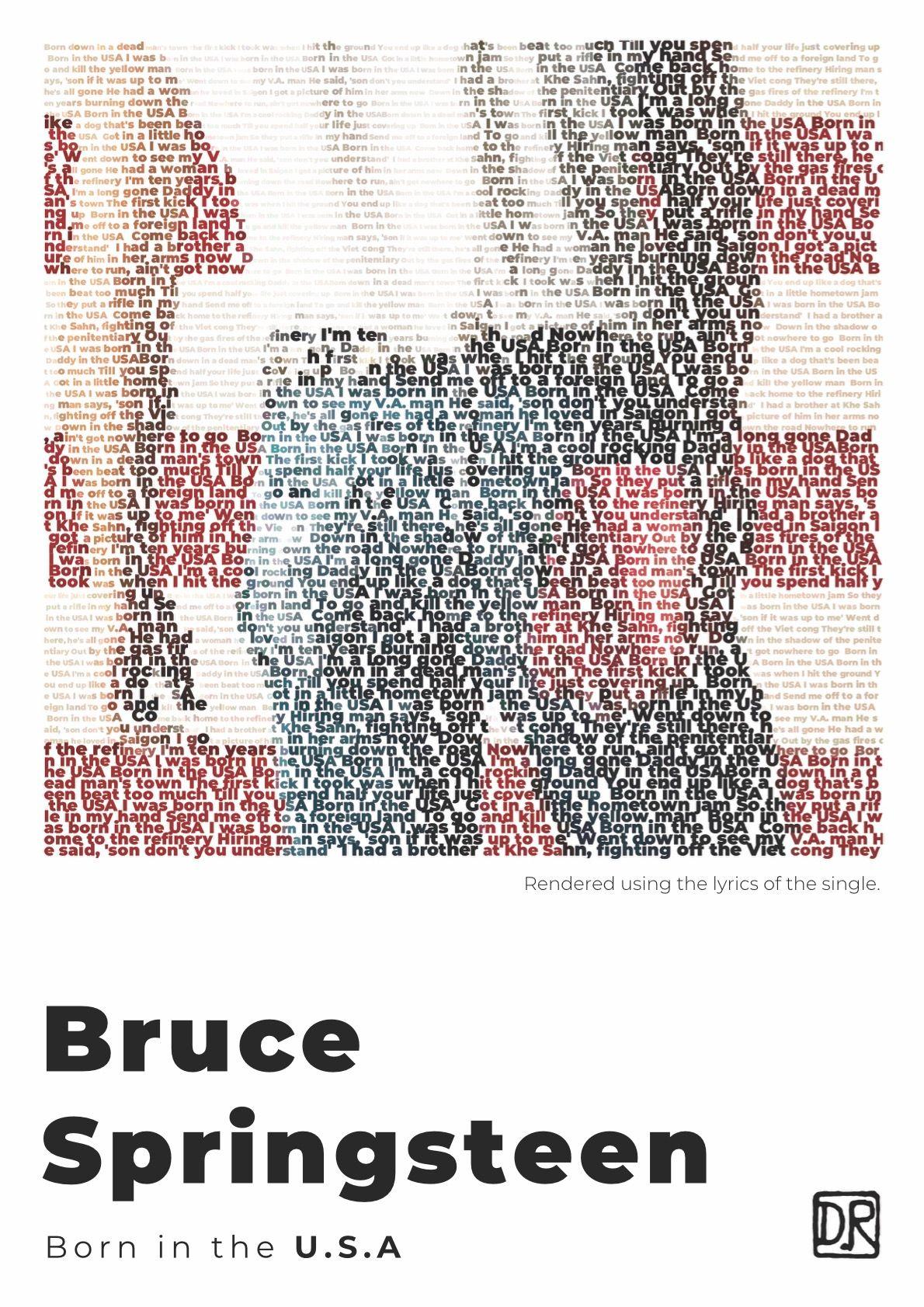 Album cover of "Born in the USA" by Bruce Springsteen render with the lyrics from the single.