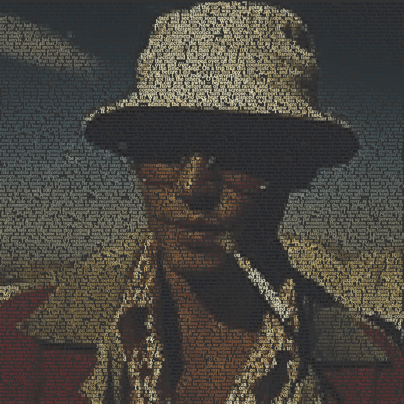 A portrait Johnny Depp rendered with the characters of "Fear and Loathing in Las Vegas"